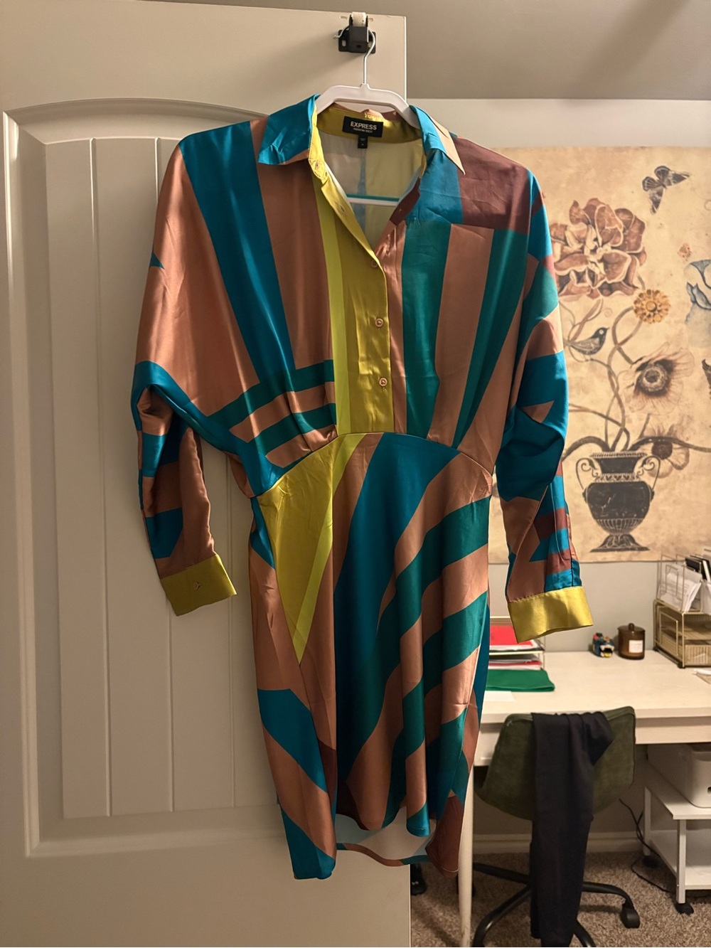 Express Teal, Bronze & Lime Striped Long Sleeve Dress